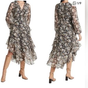 Astr Black and White Asymmetrical Wrap Dress with Bishop Sleeves